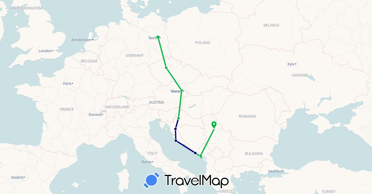 TravelMap itinerary: driving, bus in Austria, Czech Republic, Germany, Croatia, Montenegro, Serbia (Europe)